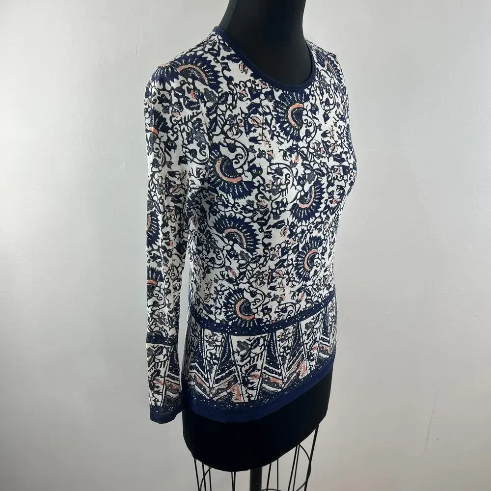 TORY BURCH White Navy Blouse Cotton Moroccan Crew Neck Pullover Size XX-Small